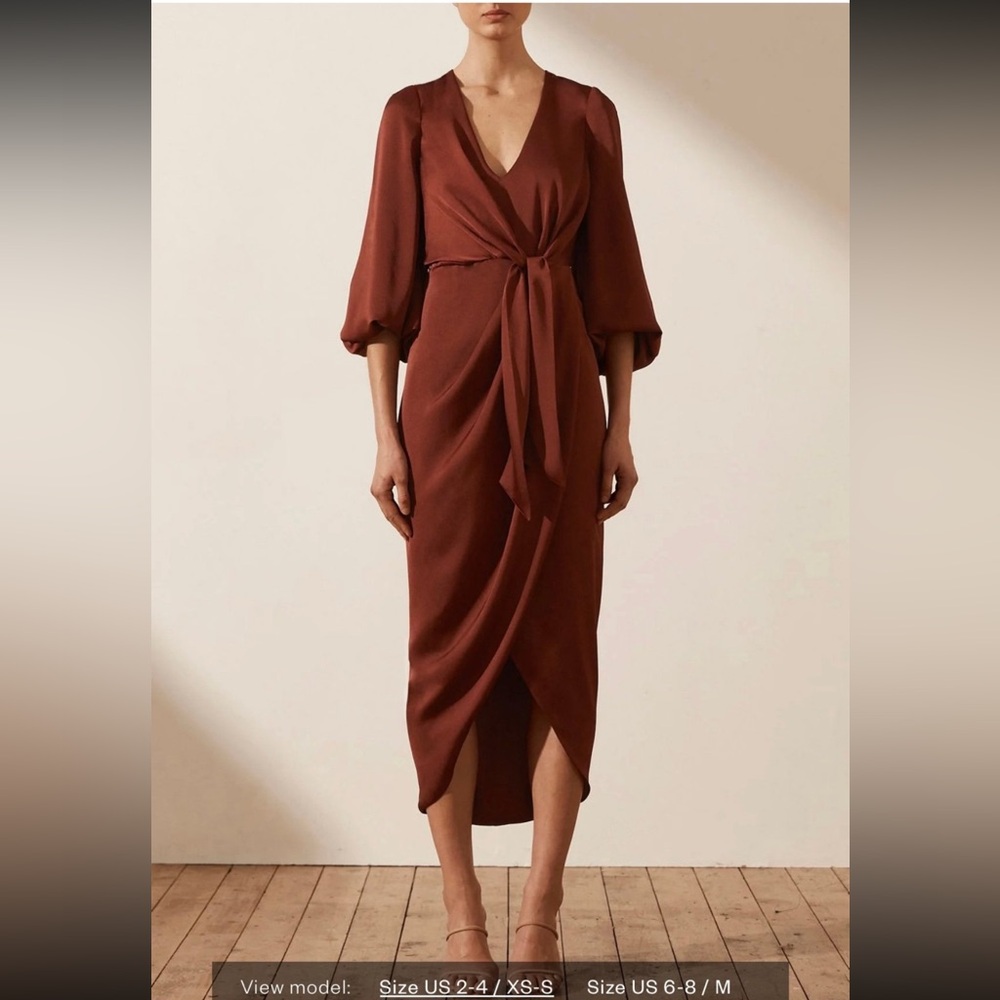 Luxe Tie Front Balloon Sleeve Midi Dress - size 8 color Sangria